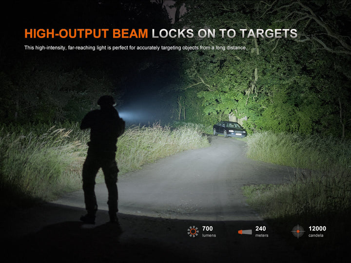 Person using a high-intensity Fenix GL07 flashlight on a dark road with text about the flashlight's features.