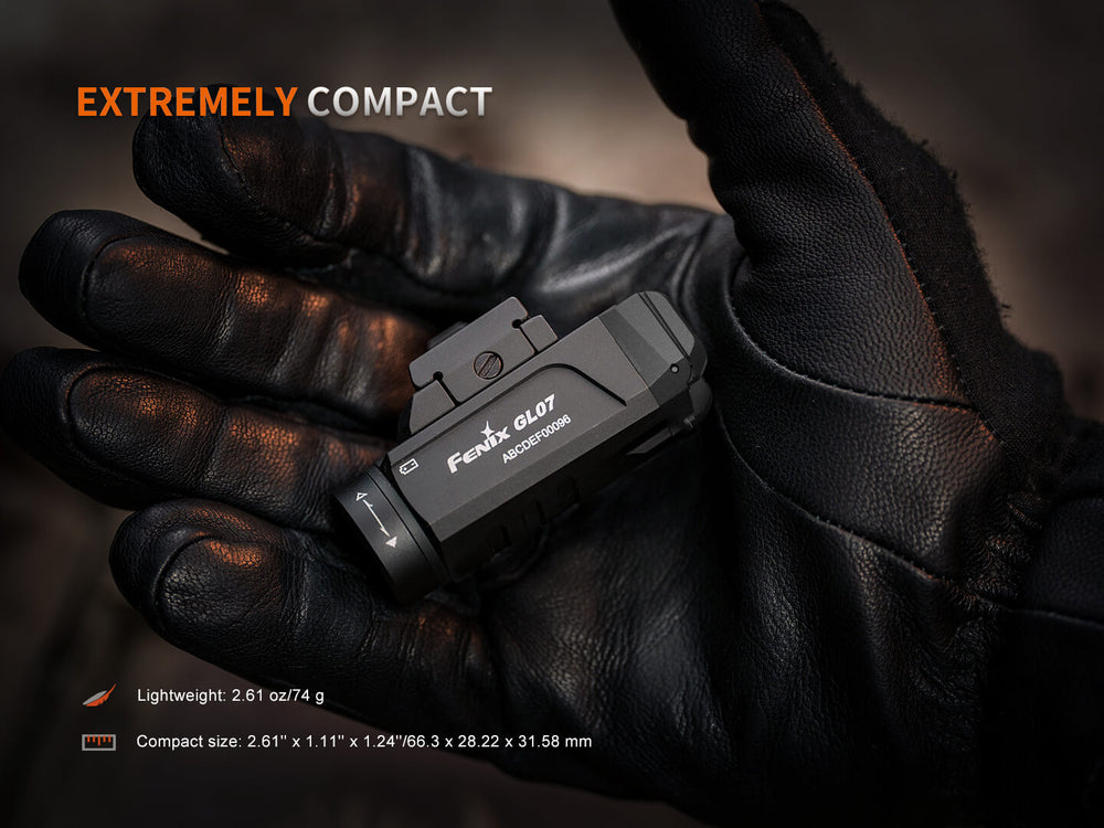Compact Fenix GL07 flashlight held in a gloved hand with text highlighting its compactness.