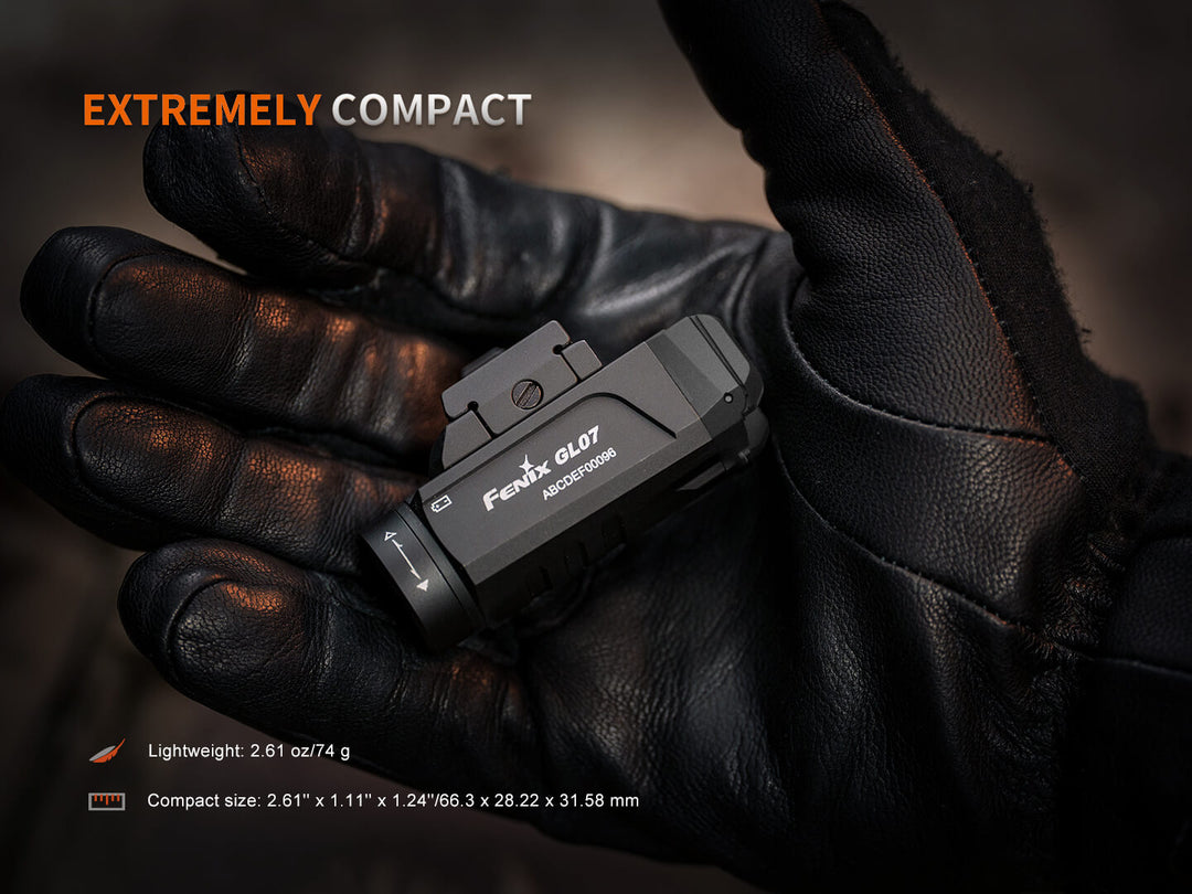 Compact Fenix GL07 flashlight held in a gloved hand with text highlighting its compactness.