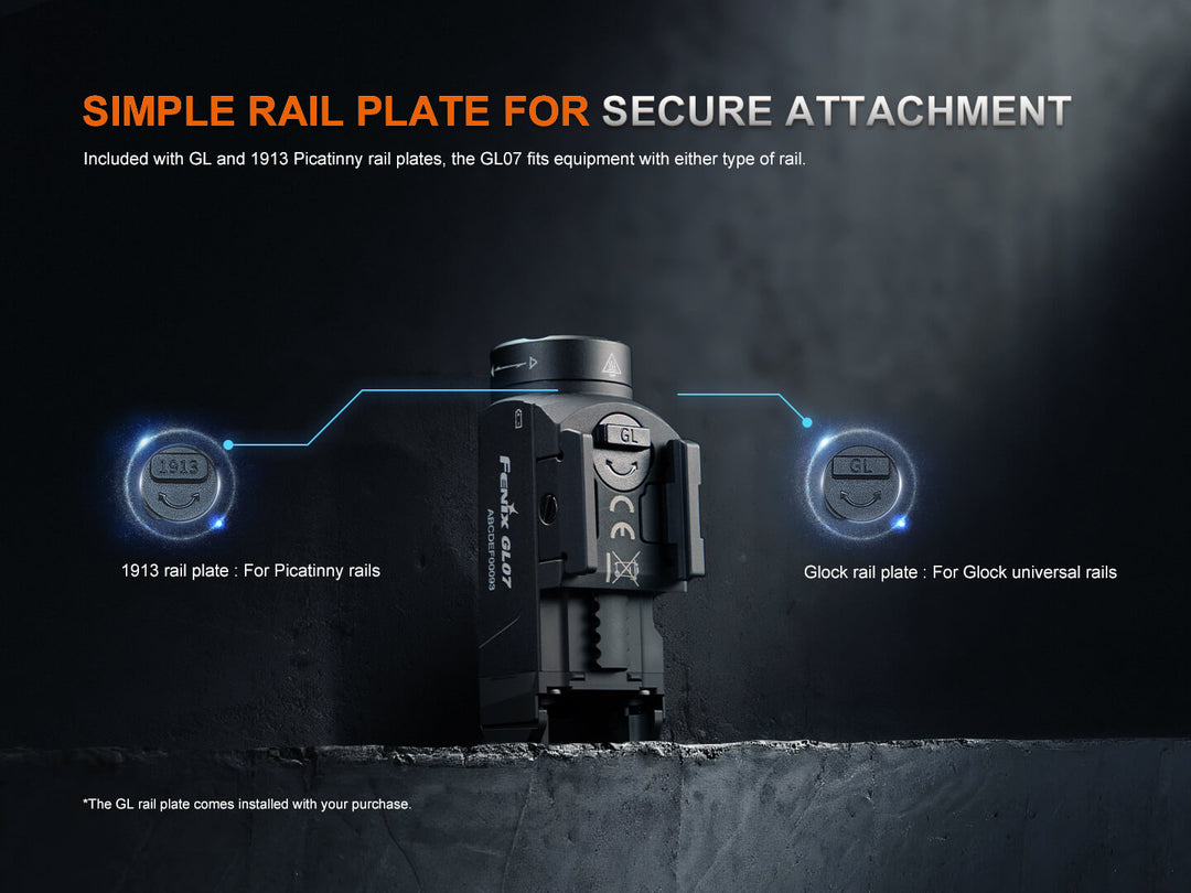 Black rail plate of the Fenix GL07 flashlight with text on a dark background