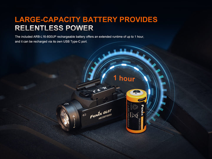 Fenix GL07 flashlight and battery with text about large-capacity battery on a dark background