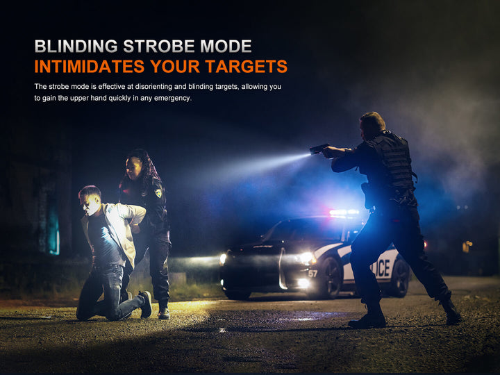 Person using a Fenix GL07 flashlight with text about blinding strobe mode in a dark setting.