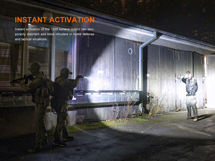 Fenix GL19R V2 modular switch mounted tactical flashlight used to control a threat at night