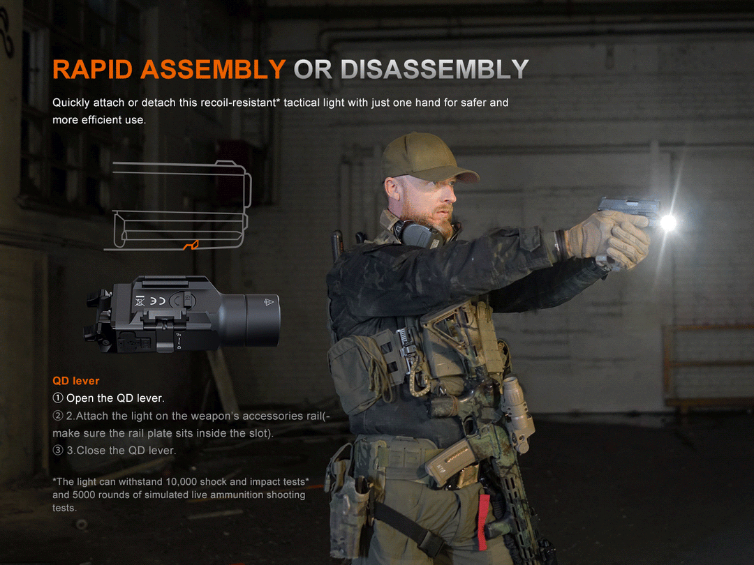 A GIF showing the quick attachment and removal of the Fenix GL19R V2 modular switch mounted tactical flashlight 