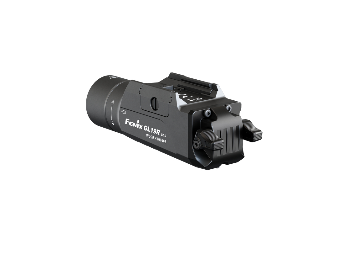 Fenix GL19R V2 modular switch mounted tactical flashlight as viewed from the back left