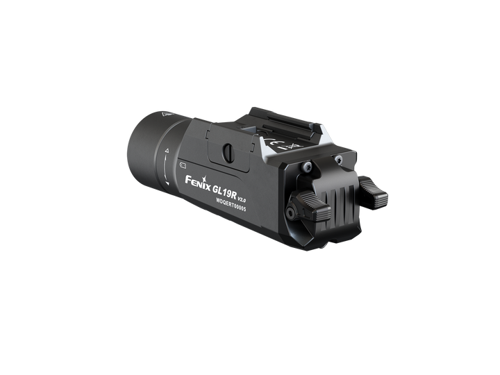 Fenix GL19R V2 modular switch mounted tactical flashlight as viewed from the back left