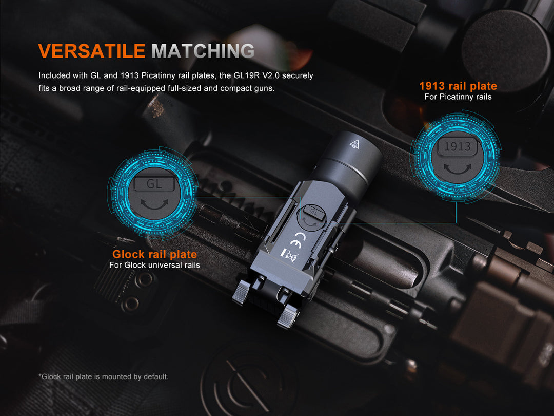 Multiple compatibility plates for the Fenix GL19R V2 modular switch mounted tactical flashlight 