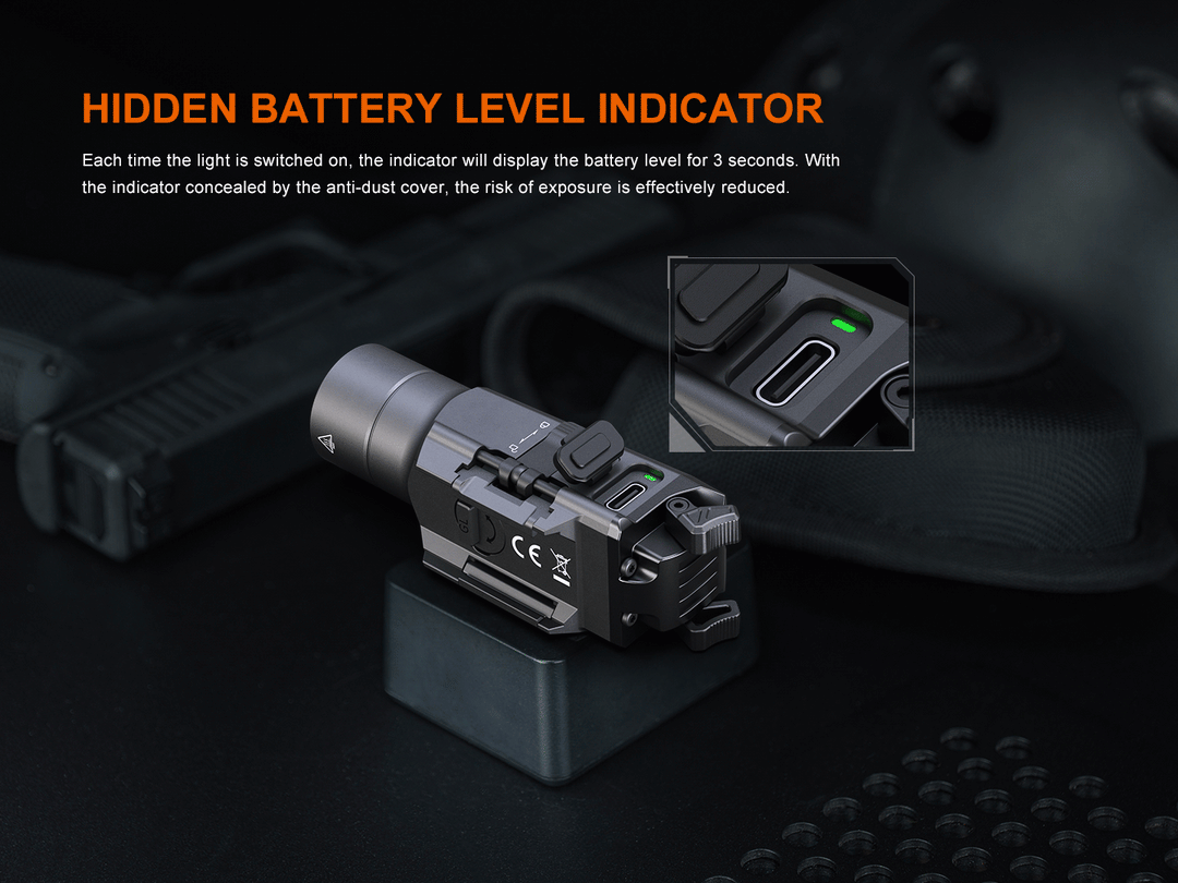 A GIF showing the battery indicator of the Fenix GL19R V2 modular switch mounted tactical flashlight 