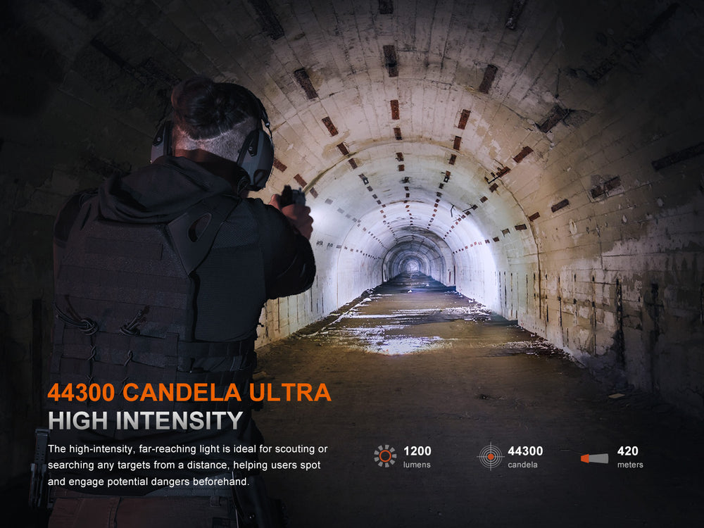 Fenix GL19R V2 modular switch mounted tactical flashlight used to light up a tunnel