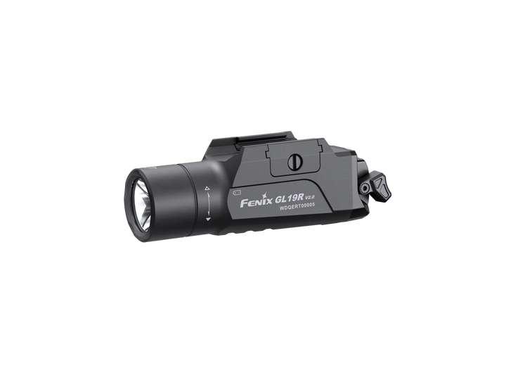 Fenix GL19R V2 modular switch mounted tactical flashlight as viewed from the left