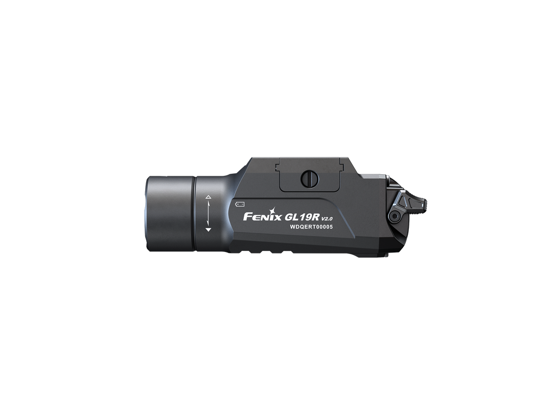 Fenix GL19R V2 modular switch mounted tactical flashlight as viewed from the left
