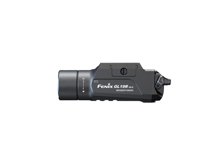 Fenix GL19R V2 modular switch mounted tactical flashlight as viewed from the left