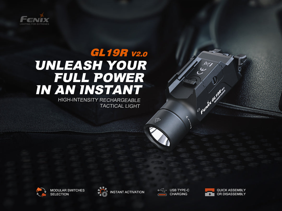 Fenix GL19R V2 modular switch mounted tactical flashlight on a black surface