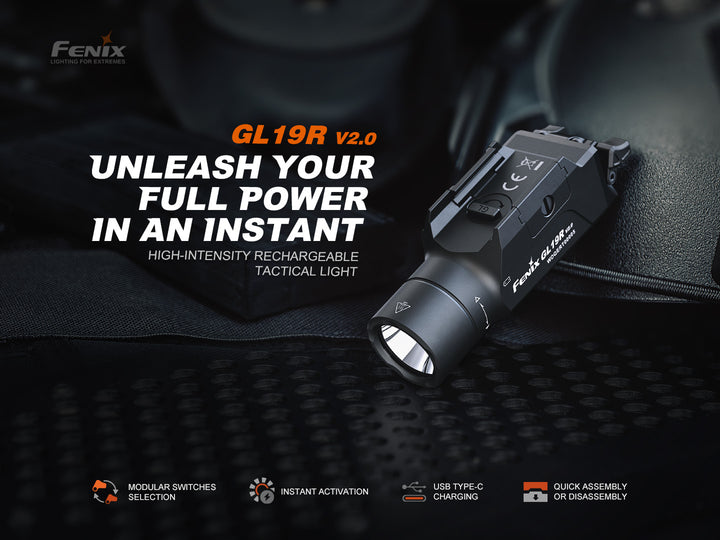 Fenix GL19R V2 modular switch mounted tactical flashlight on a black surface