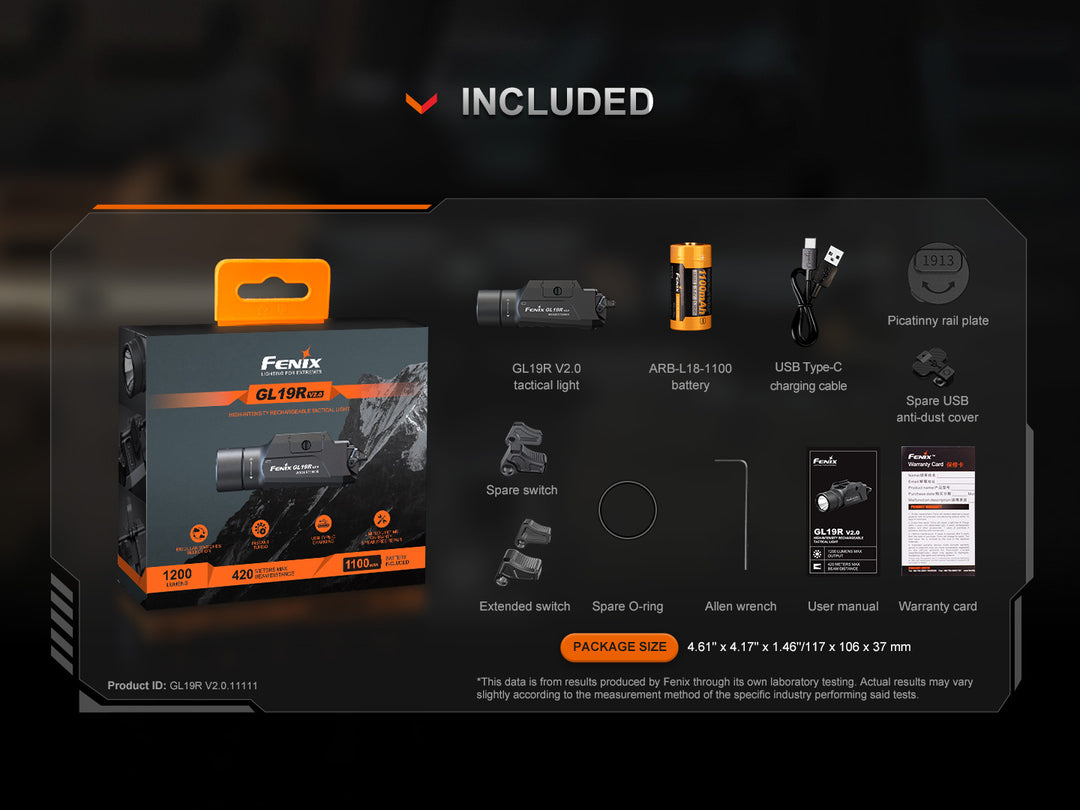 Fenix GL19R V2 modular switch mounted tactical flashlight in packaging with included accessories