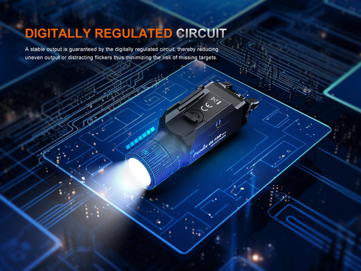 A graphic discussing the digital regulated circuit of the Fenix GL19R V2 modular switch mounted tactical flashlight 