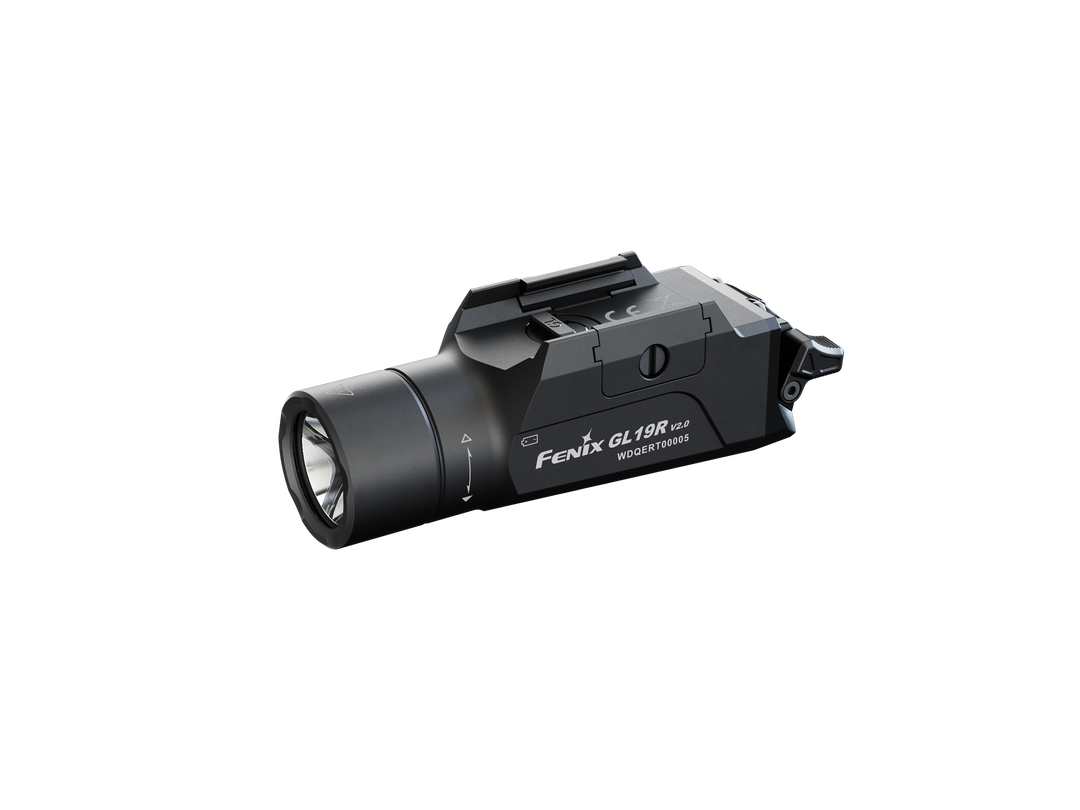 A black Fenix GL19R V2 modular switch mounted tactical flashlight with a visible beam of light.