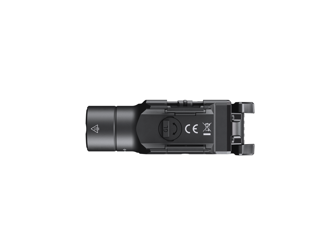 Fenix GL19R V2 modular switch mounted tactical flashlight as viewed from the top
