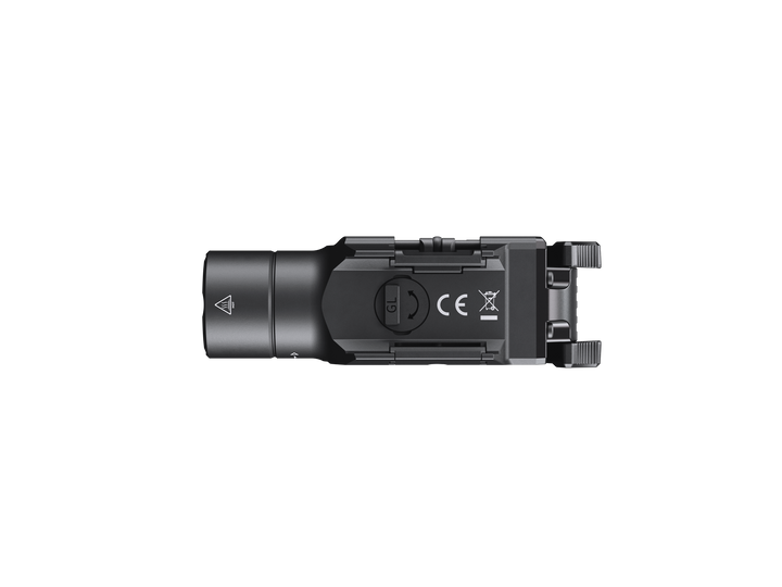 Fenix GL19R V2 modular switch mounted tactical flashlight as viewed from the top