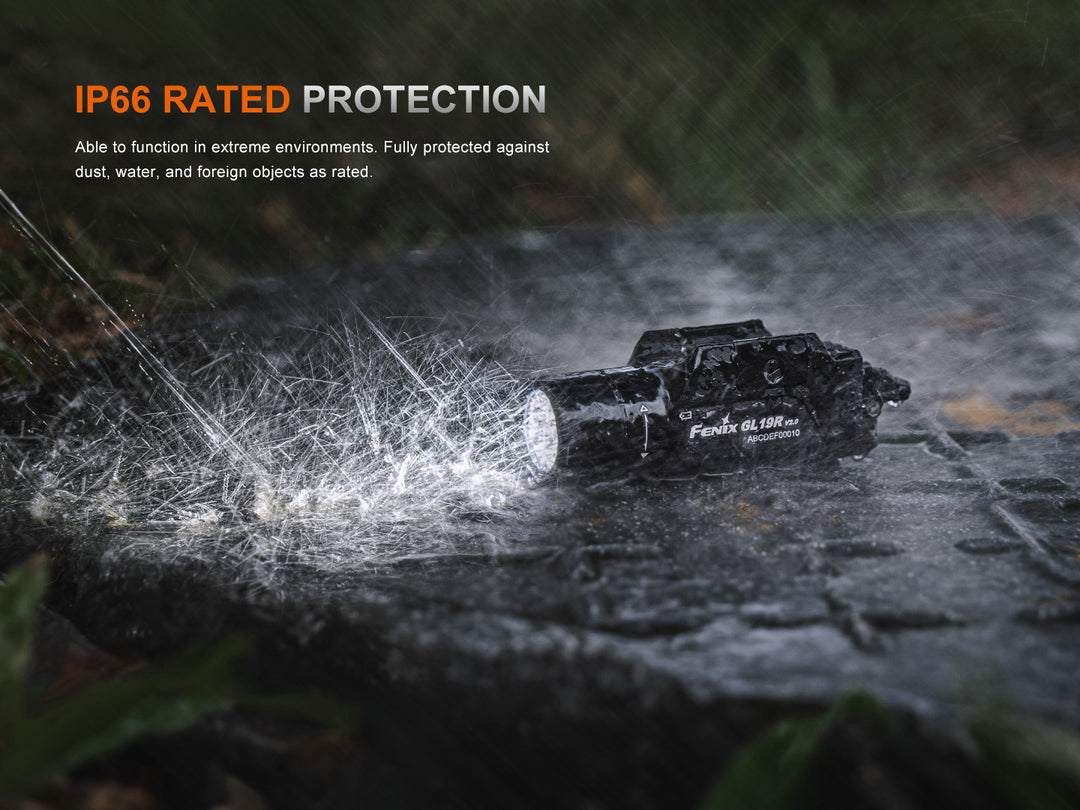 Fenix GL19R V2 modular switch mounted tactical flashlight in the rain