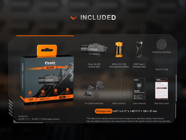 Fenix GL23R green laser tactical light in packaging with included accessories