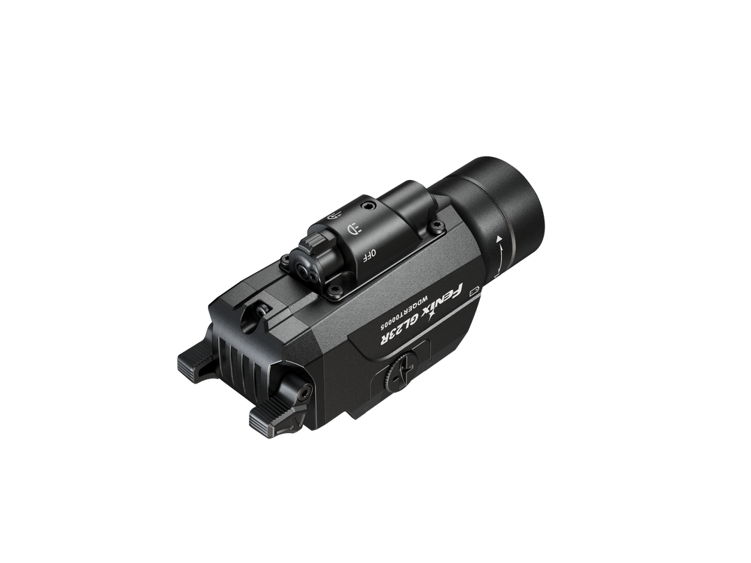 Fenix GL23R green laser tactical light as viewed from the bottom left