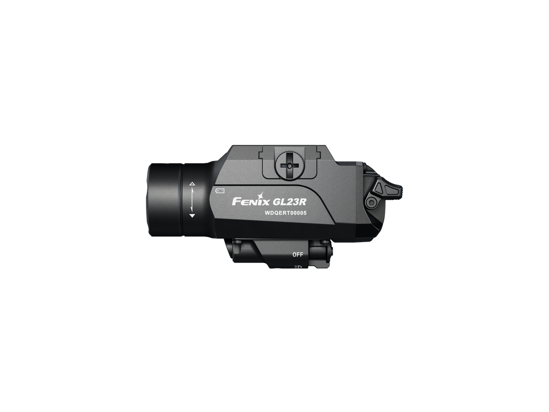 Fenix GL23R green laser tactical light as viewed from the left