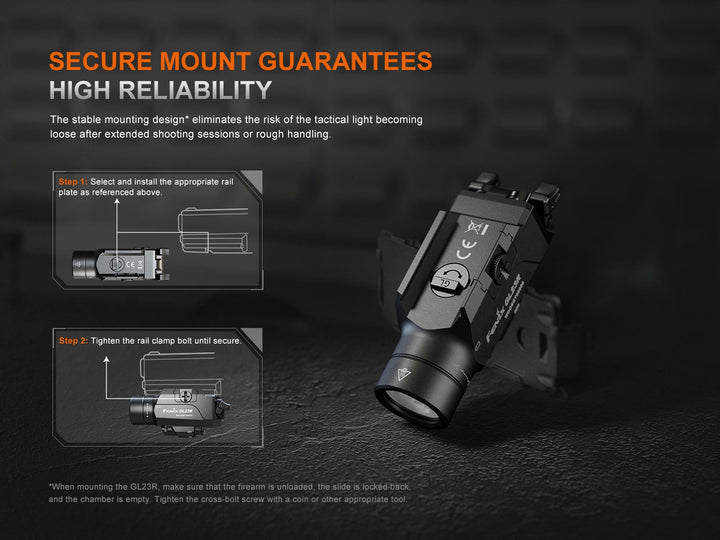 Fenix GL23R green laser tactical light on black surface