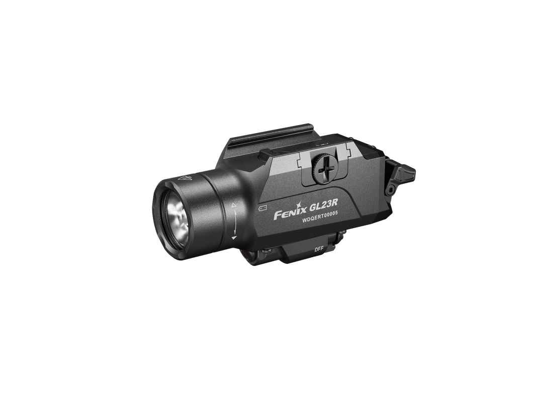 A black Fenix GL23R green laser tactical light designed to be mounted on a firearm, featuring a switch and LED light.