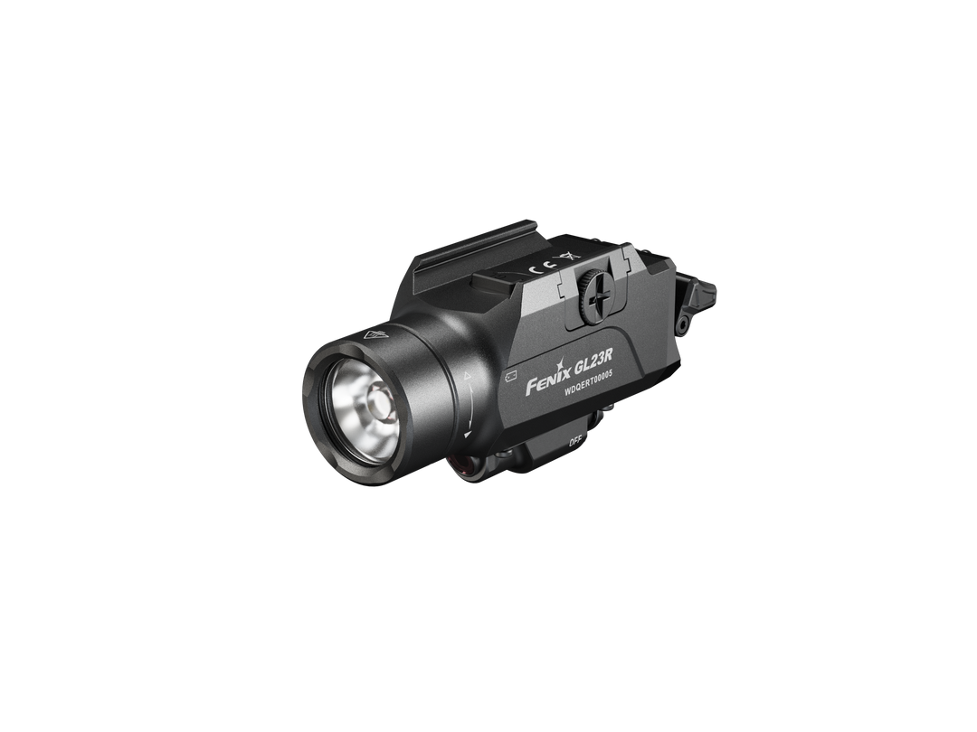 Fenix GL23R green laser tactical light as viewed from a front right angle