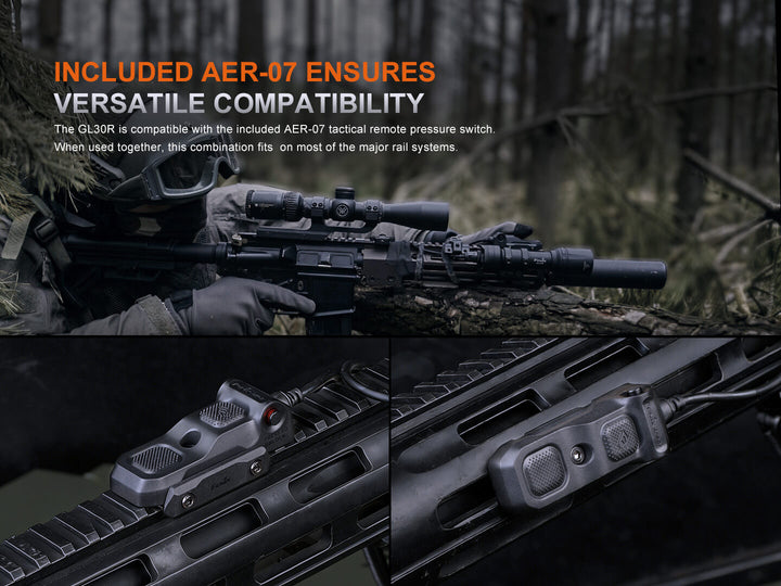 Close-up of a rifle with a focus on the AER-07 remote pressure switch, set against a dark background.