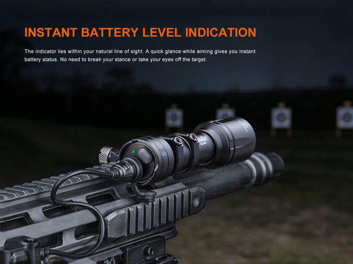 Close-up of a rifle with a Fenix GL30R Mounted Tactical Flashlight, aiming at targets in the background.