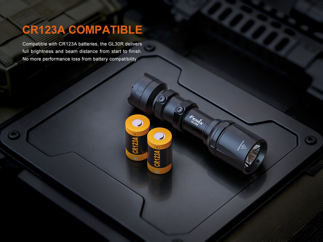 Fenix GL30R Mounted Tactical Flashlight with CR123A batteries on a dark surface
