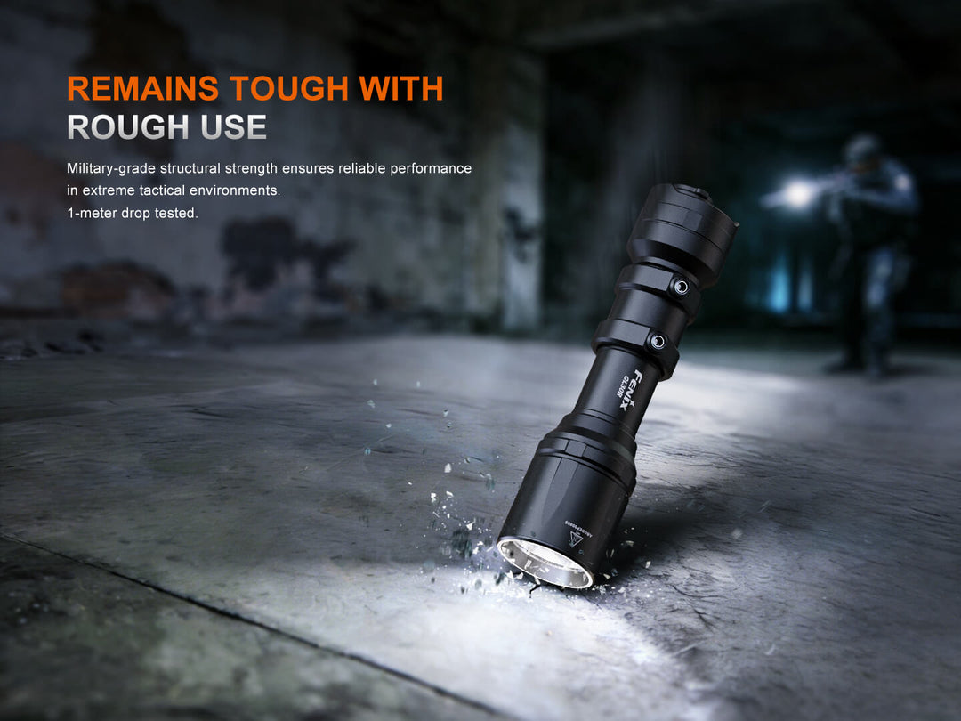 Fenix GL30R Mounted Tactical Flashlight on a concrete surface with text about durability and performance.