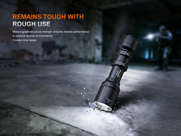 Fenix GL30R Mounted Tactical Flashlight on a concrete surface with text about durability and performance.