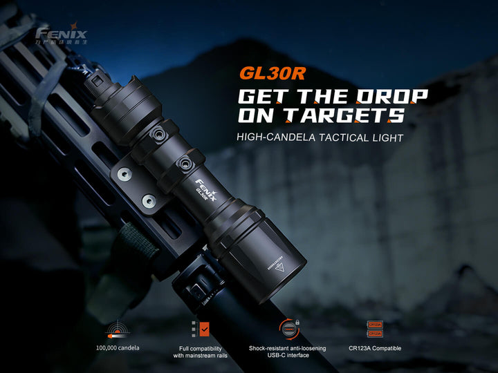 Fenix GL30R tactical light with promotional text on a dark background