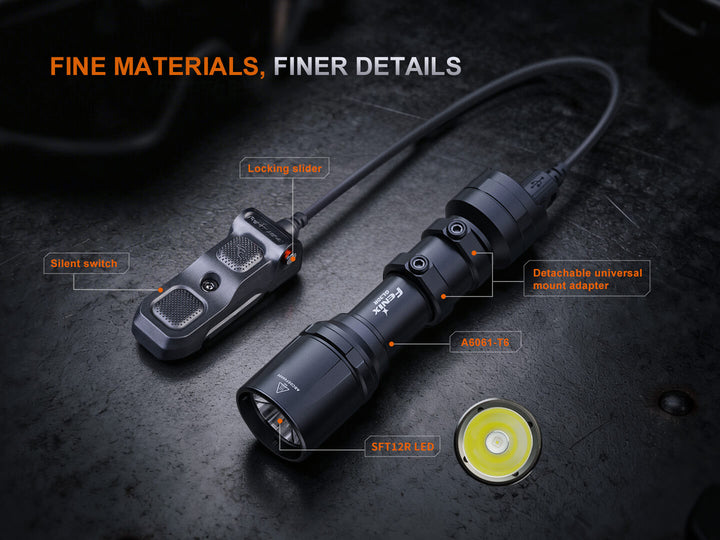 Black Fenix GL30R Mounted Tactical Flashlight with labeled features on a dark textured background