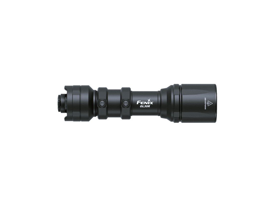 Black Fenix GL30R Mounted Tactical Flashlight with Fenix logo on a black background