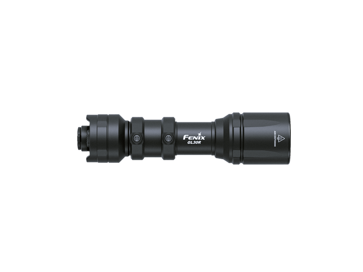Black Fenix GL30R Mounted Tactical Flashlight with Fenix logo on a black background