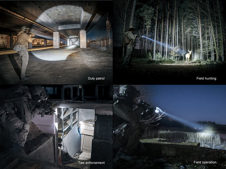Collage of a person using a Fenix GL30R Mounted Tactical Flashlight in various settings including duty patrol, field hunting, law enforcement, and field operation.