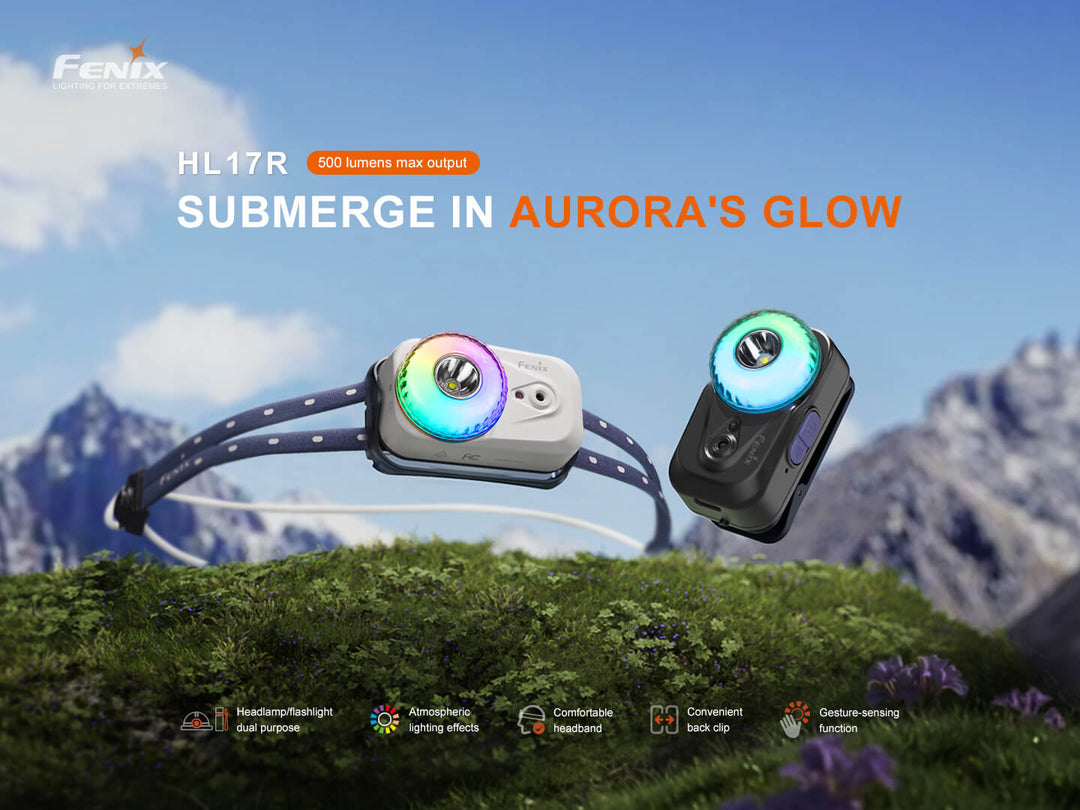 Two Fenix HL17R Multicolor Headlamp with colorful lights on a mountain landscape