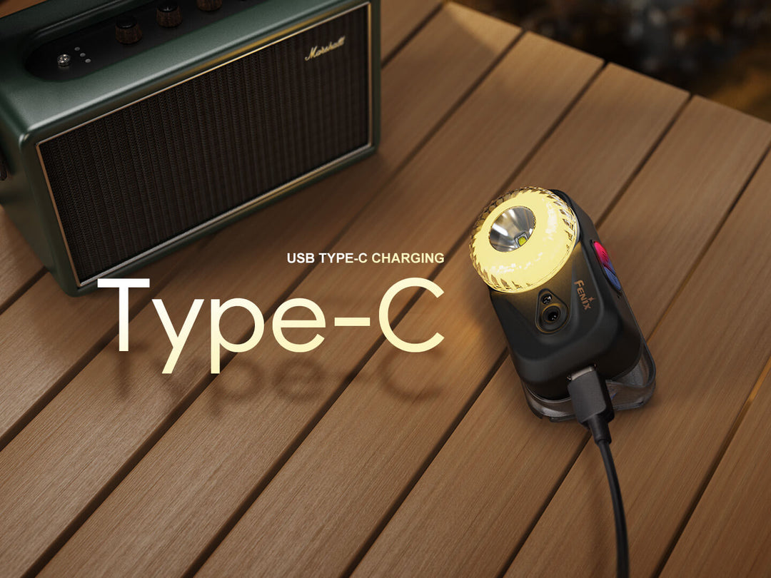 Fenix HL17R Multicolor Headlamp with USB Type-C charging on a wooden surface, with a speaker in the background.