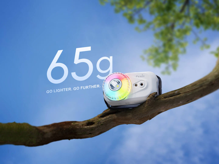 Fenix HL17R Multicolor Headlamp with colorful light on a branch against a blue sky