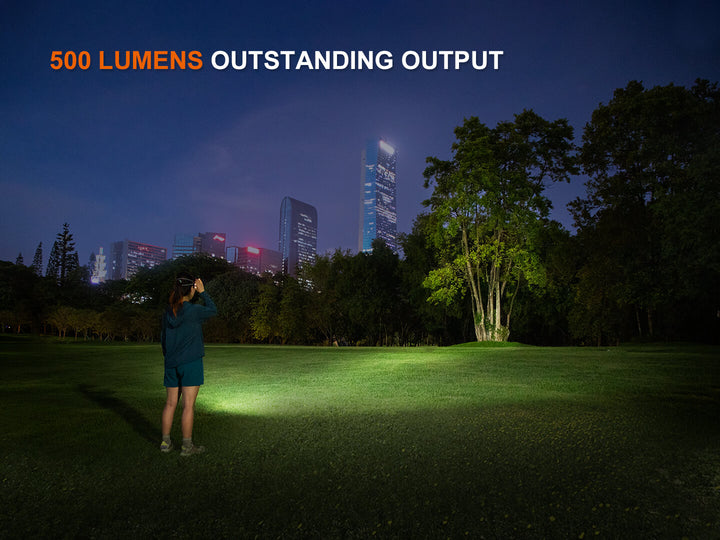 Fenix HL17R Multicolor Headlamp lighting up a tree in a field