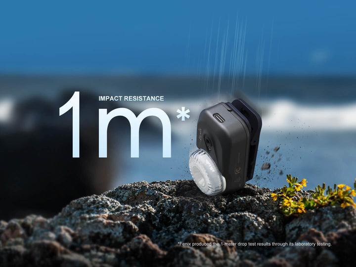 Fenix HL17R Multicolor Headlamp impact resistance test on a rocky surface with water in the background