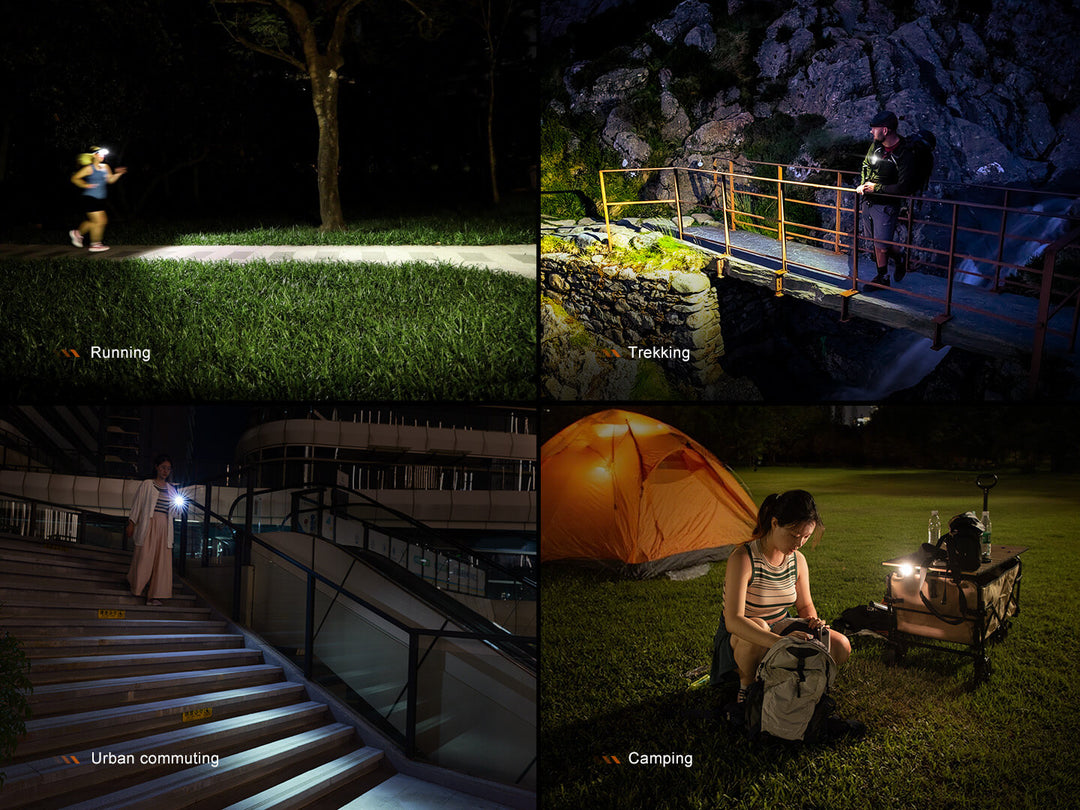 Multiple photos of different uses for the Fenix HL17R Multicolor Headlamp 