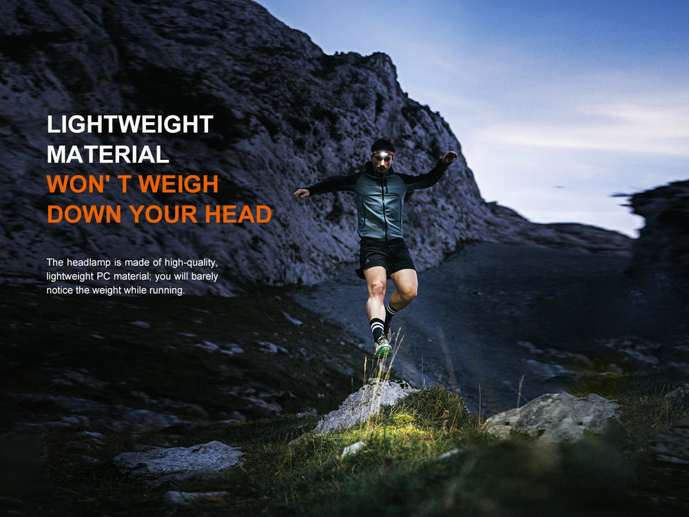 A man using the Fenix HL18R-T V2 headlamp during an intense run