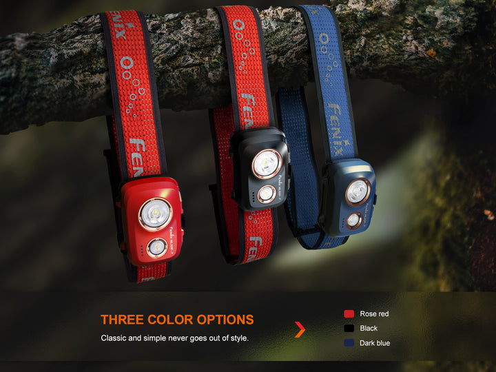 Fenix HL32R-T Trail Running Headlamp in three colors hanging from a branch