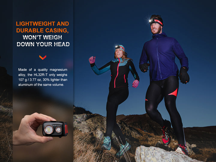Fenix HL32R-T Trail Running Headlamp used by two trail runners with graphics discussing its light weight and durable casing