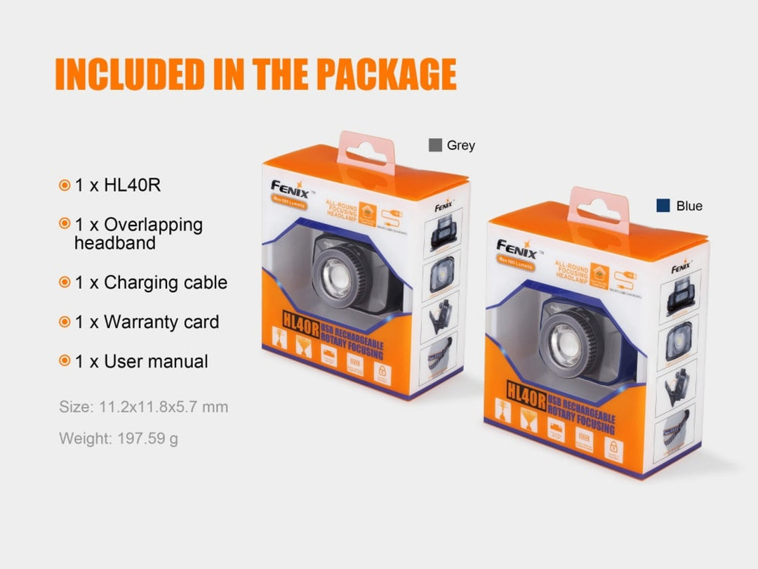 Fenix HL40R focusable headlamp in packing with included accessories